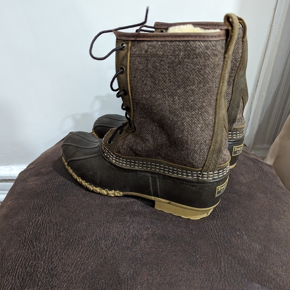 LL Bean 10" Brown Weave Wool Herringbone Shearling Lined Duck Boots 9 M - Picture 4 of 9
